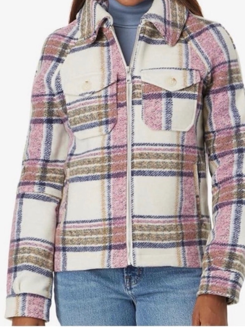 Avec Les Filles Ivory‎ Pink Blue Plaid Soft Flannel Zip Up Shirt Jacket